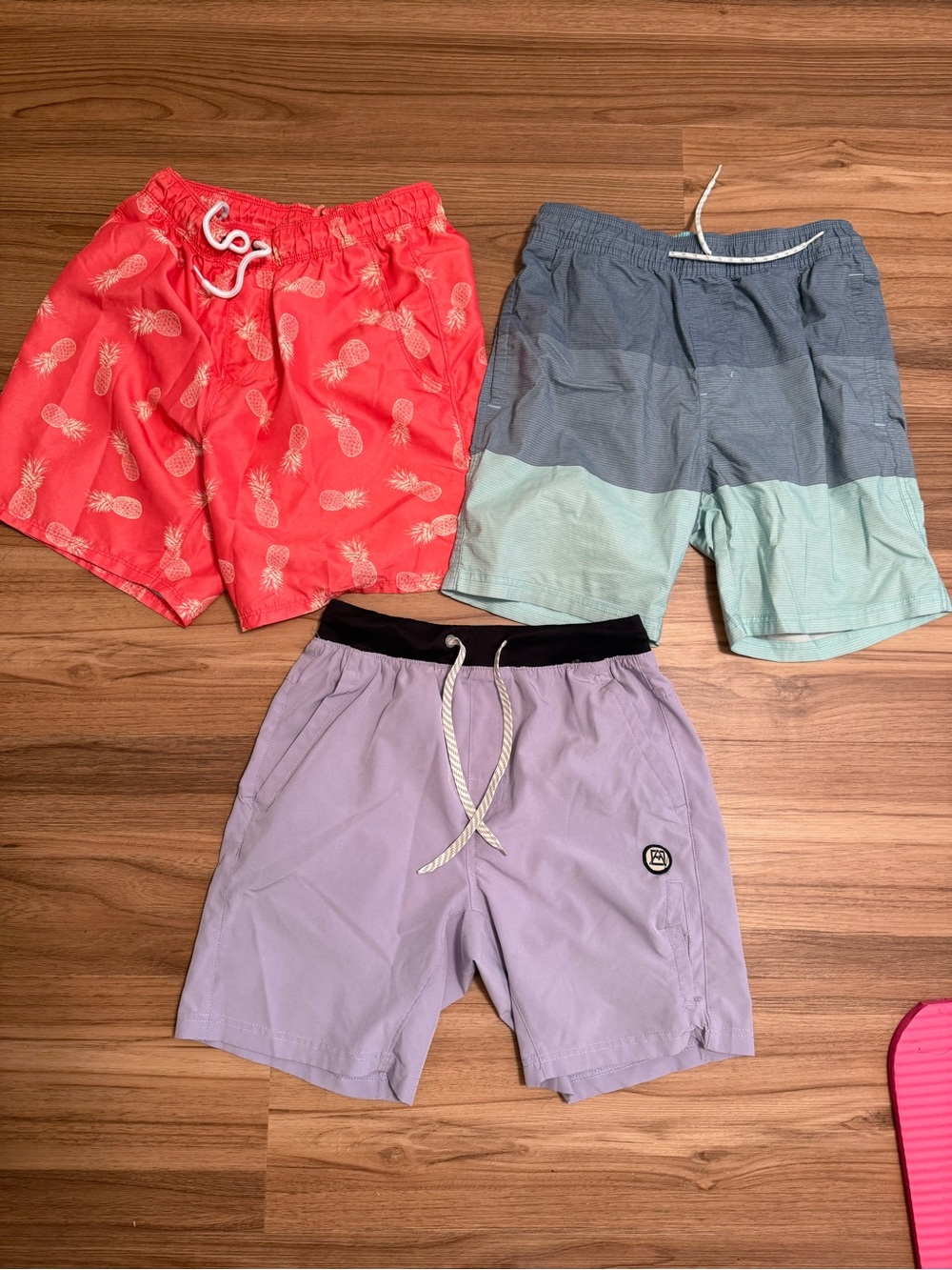 Three Men's Swim Shorts - Coral Pineapple, Blue Stripe, Lavender